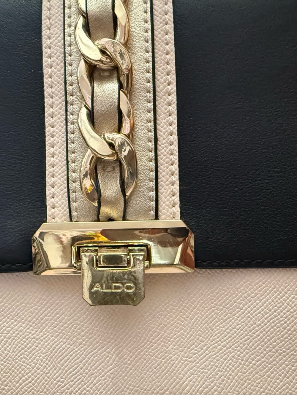 ALDO Black Beige Top Handle Satchel Crossbody Gold Chain Accent Structured Purse - Picture 2 of 11